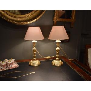 Pair Of Louis XVI Style Lamps  Of Gilded Bronze