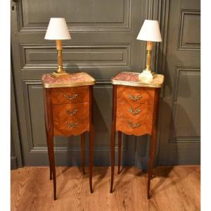 Pair Of Small Marquetry Bedside Tables