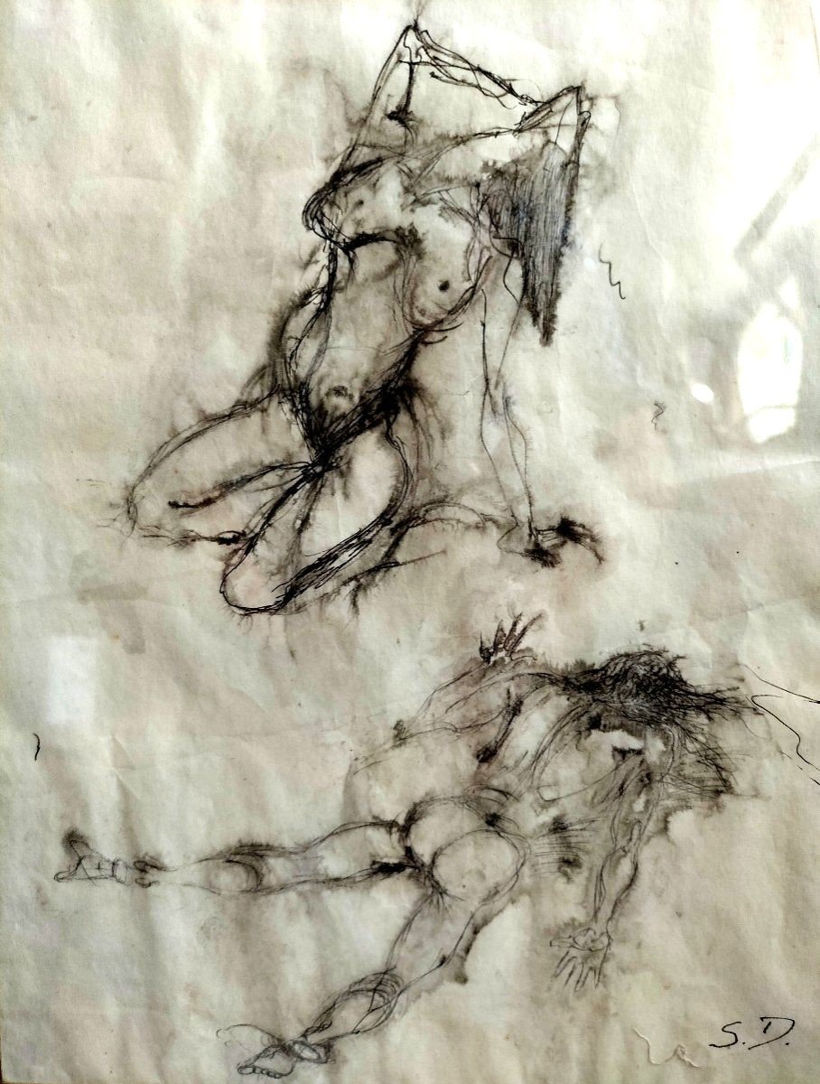 Pair Of Sketch Drawings Of Nude Around 1950-photo-2