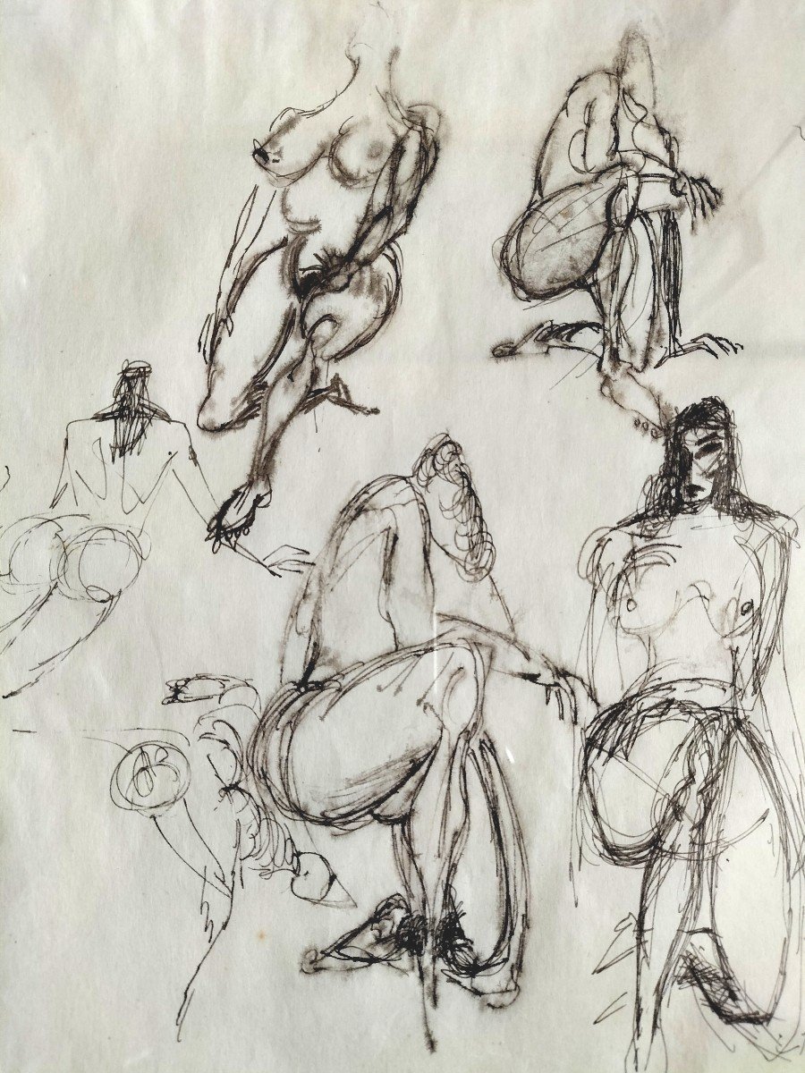 Pair Of Sketch Drawings Of Nude Around 1950-photo-3