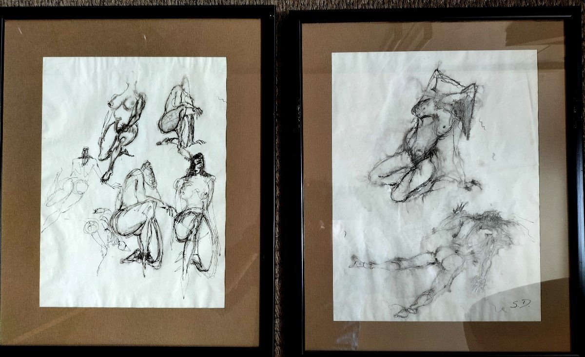 Pair Of Sketch Drawings Of Nude Around 1950