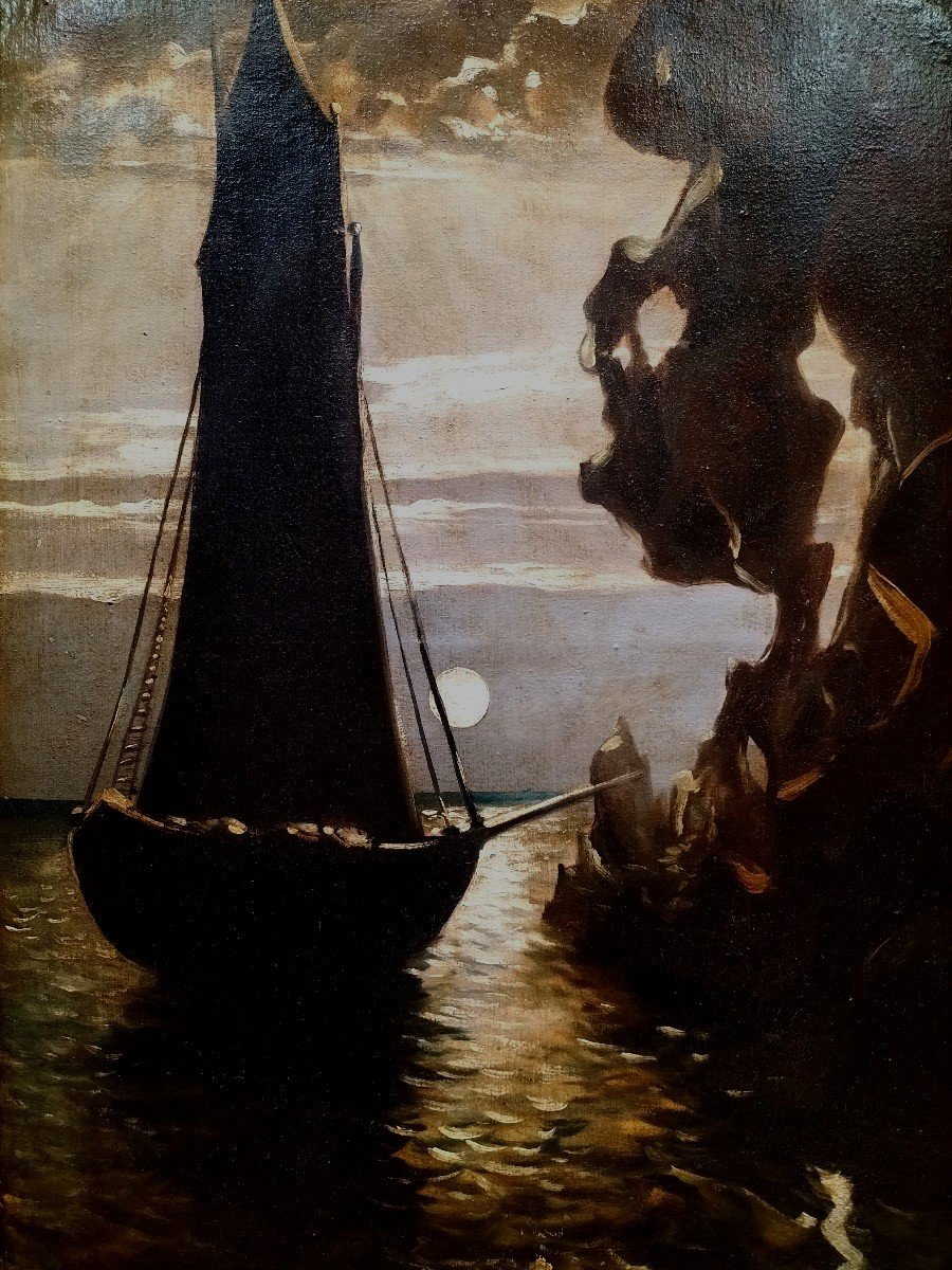 Large Painting Sailboat In The Moonlight -photo-2