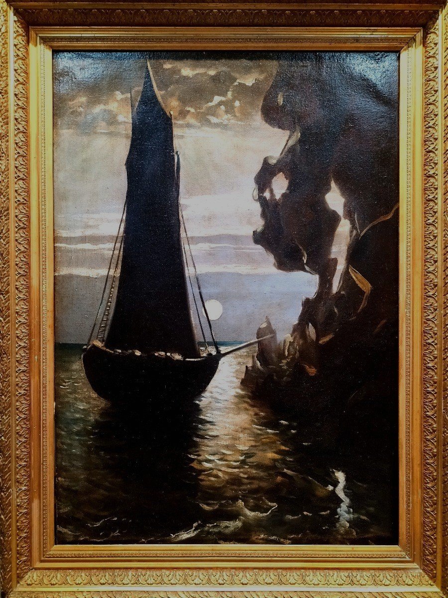 Large Painting Sailboat In The Moonlight 