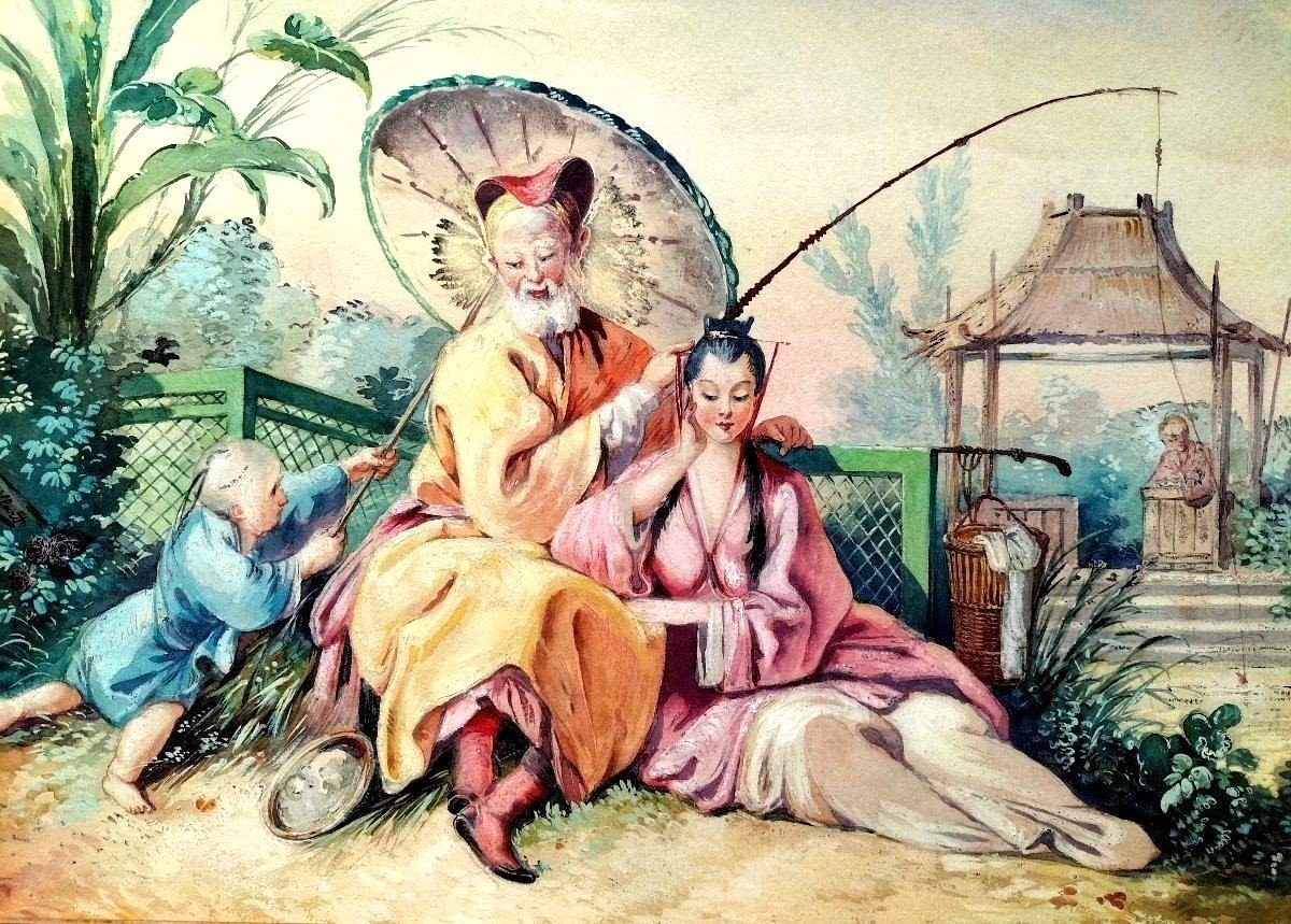 Chinese Gouache Genre Scene Léo Huillard (1900-?)