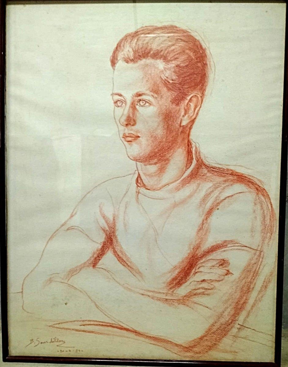 Berthe Sourdillon (1895-1976) Large Portrait Of A Young Man Red Chalk-photo-2