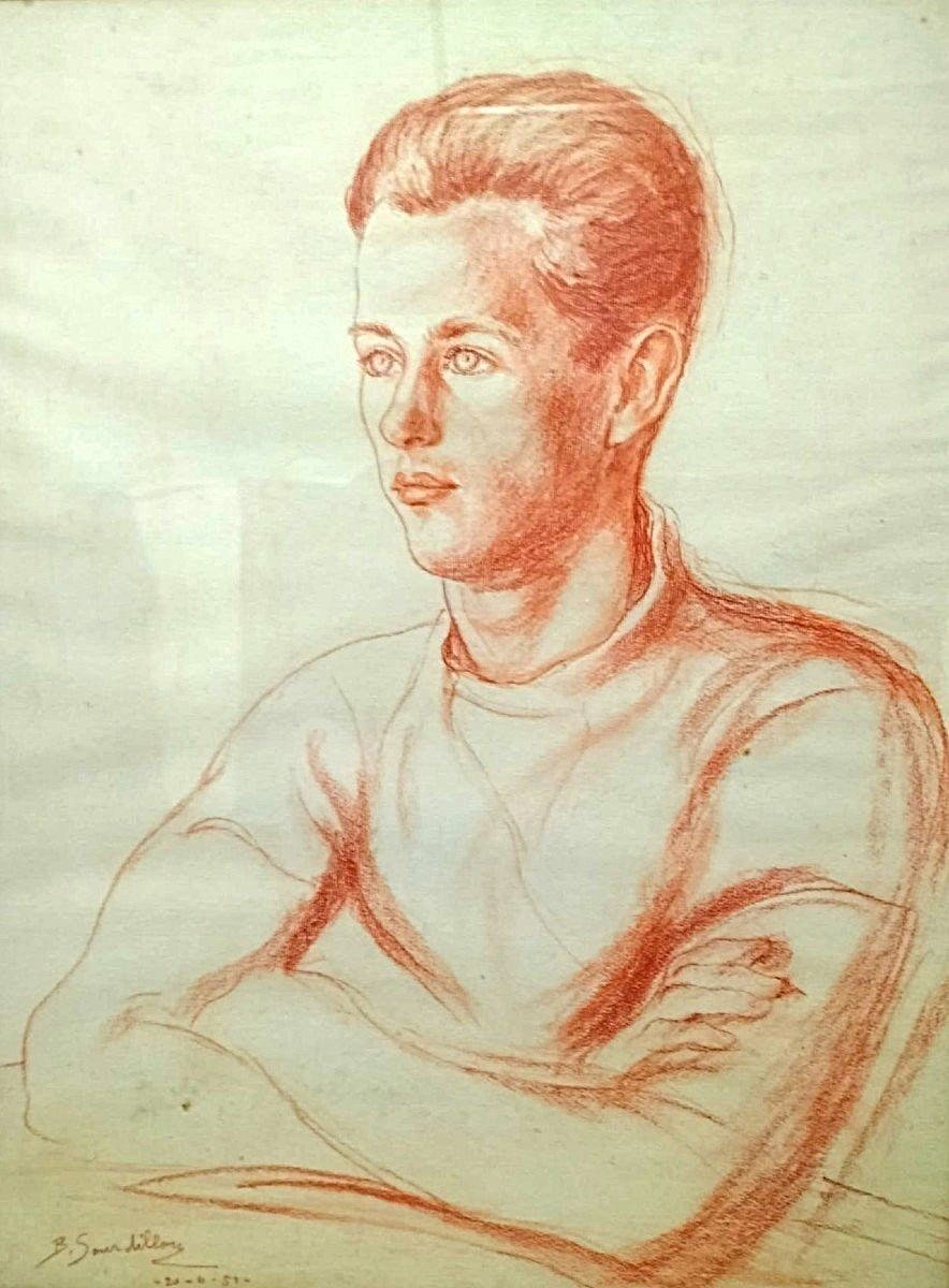 Berthe Sourdillon (1895-1976) Large Portrait Of A Young Man Red Chalk