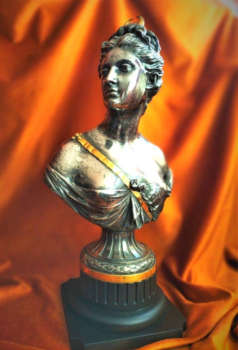 Bust Of Diana In Silvered Bronze After Jean Antoine Houdon