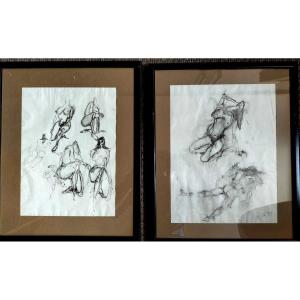 Paire De Dessins Croquis De Nus Vers 1950