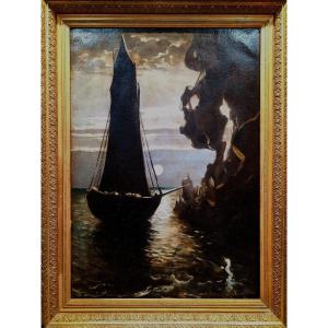 Large Painting Sailboat In The Moonlight 