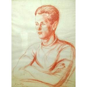 Berthe Sourdillon (1895-1976) Grand Portrait De Jeune Homme Sanguine