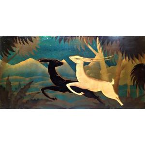 Large Art Deco Panel Les Gazelles