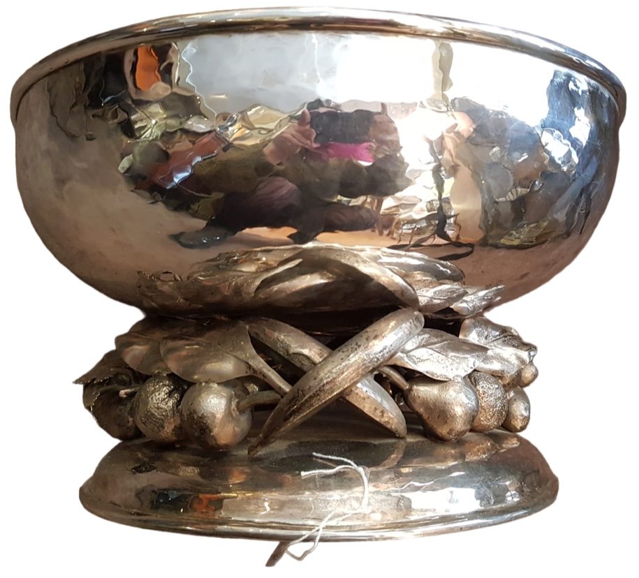 Franco Lapini, Cup With Chiseled Decor Of Fruits In Silver Metal, Twentieth-photo-2