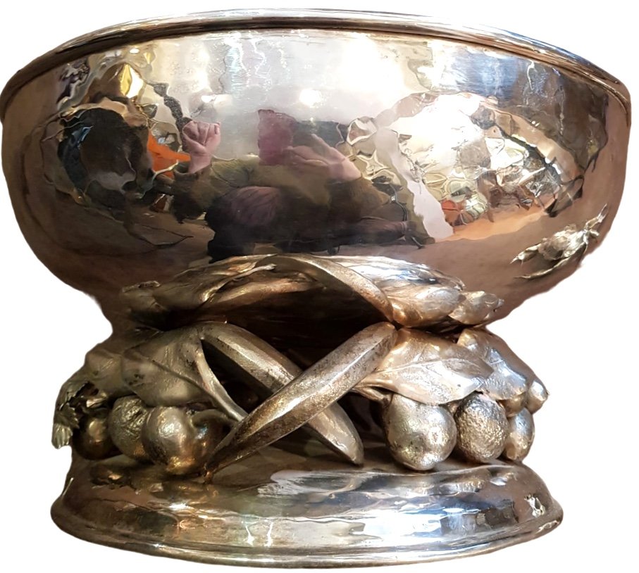 Franco Lapini, Cup With Chiseled Decor Of Fruits In Silver Metal, Twentieth-photo-4