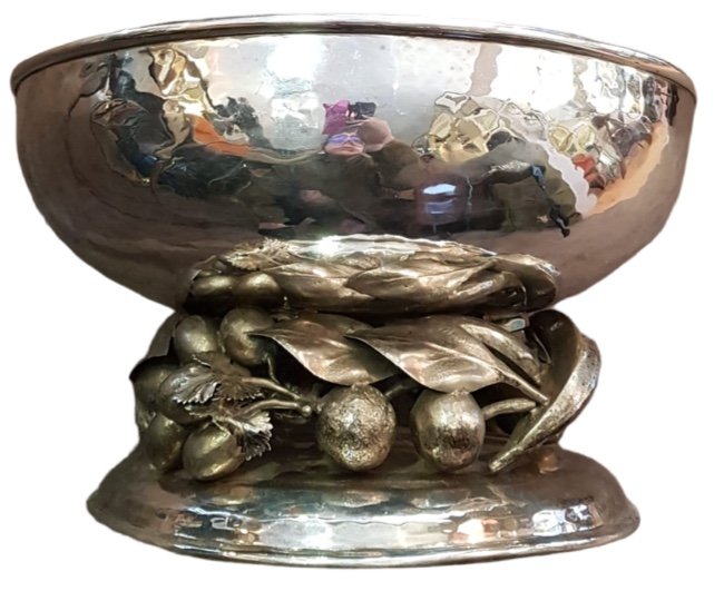 Franco Lapini, Cup With Chiseled Decor Of Fruits In Silver Metal, Twentieth-photo-2