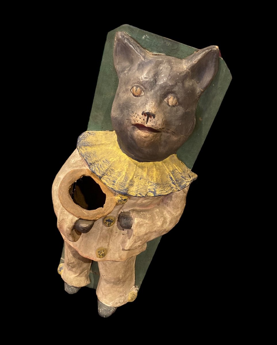 High Relief Painted Cardboard Cat In Pierrot Costume Late 19th-20th Century-photo-2
