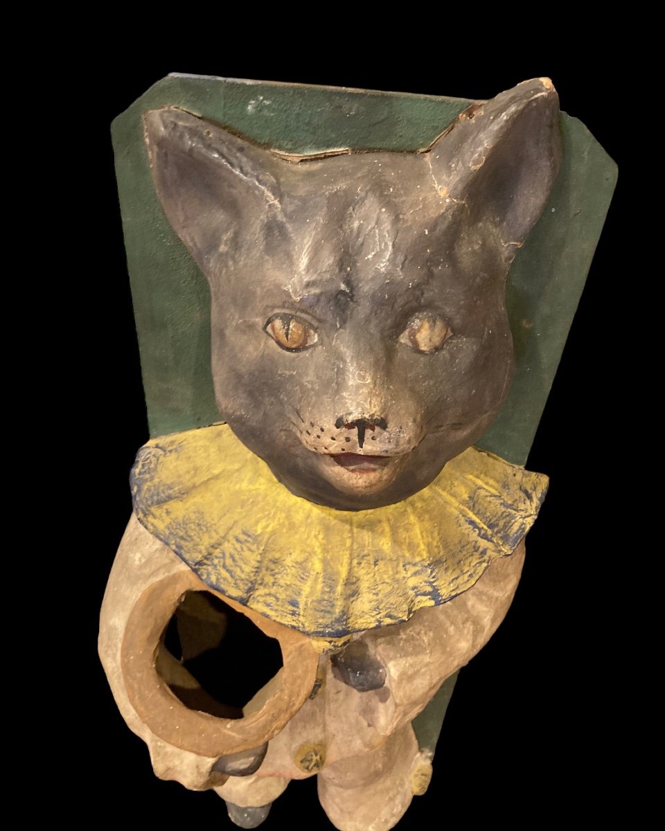 High Relief Painted Cardboard Cat In Pierrot Costume Late 19th-20th Century-photo-4