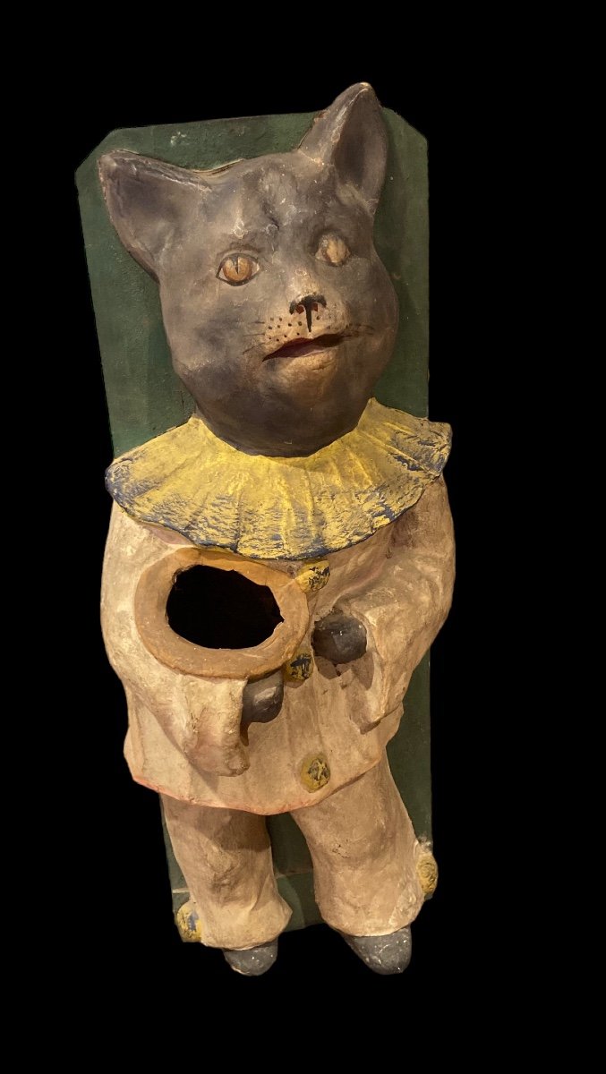 High Relief Painted Cardboard Cat In Pierrot Costume Late 19th-20th Century