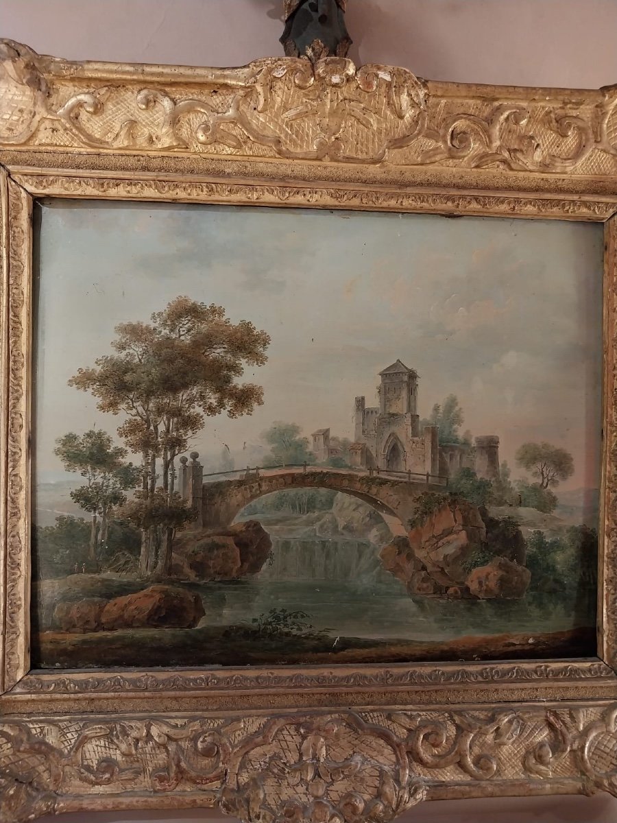 Oil On Panel, View Of A Bridge, Late 18th Century.-photo-2