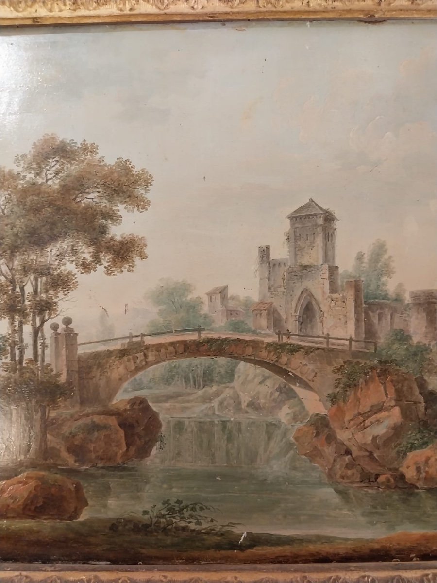 Oil On Panel, View Of A Bridge, Late 18th Century.-photo-4