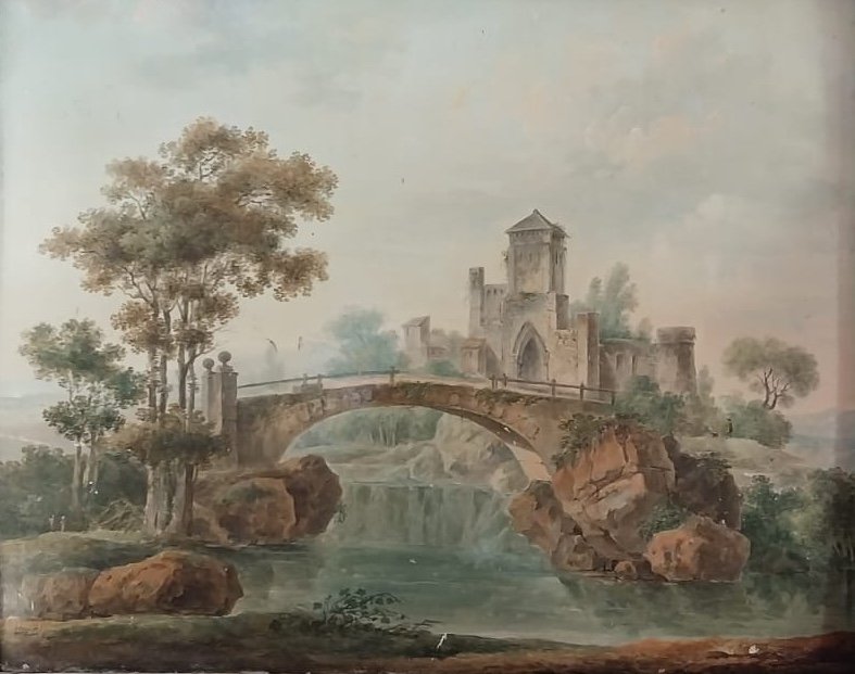 Huile Sur Panneau, Vue D’un Pont, Fin XVIIIe.