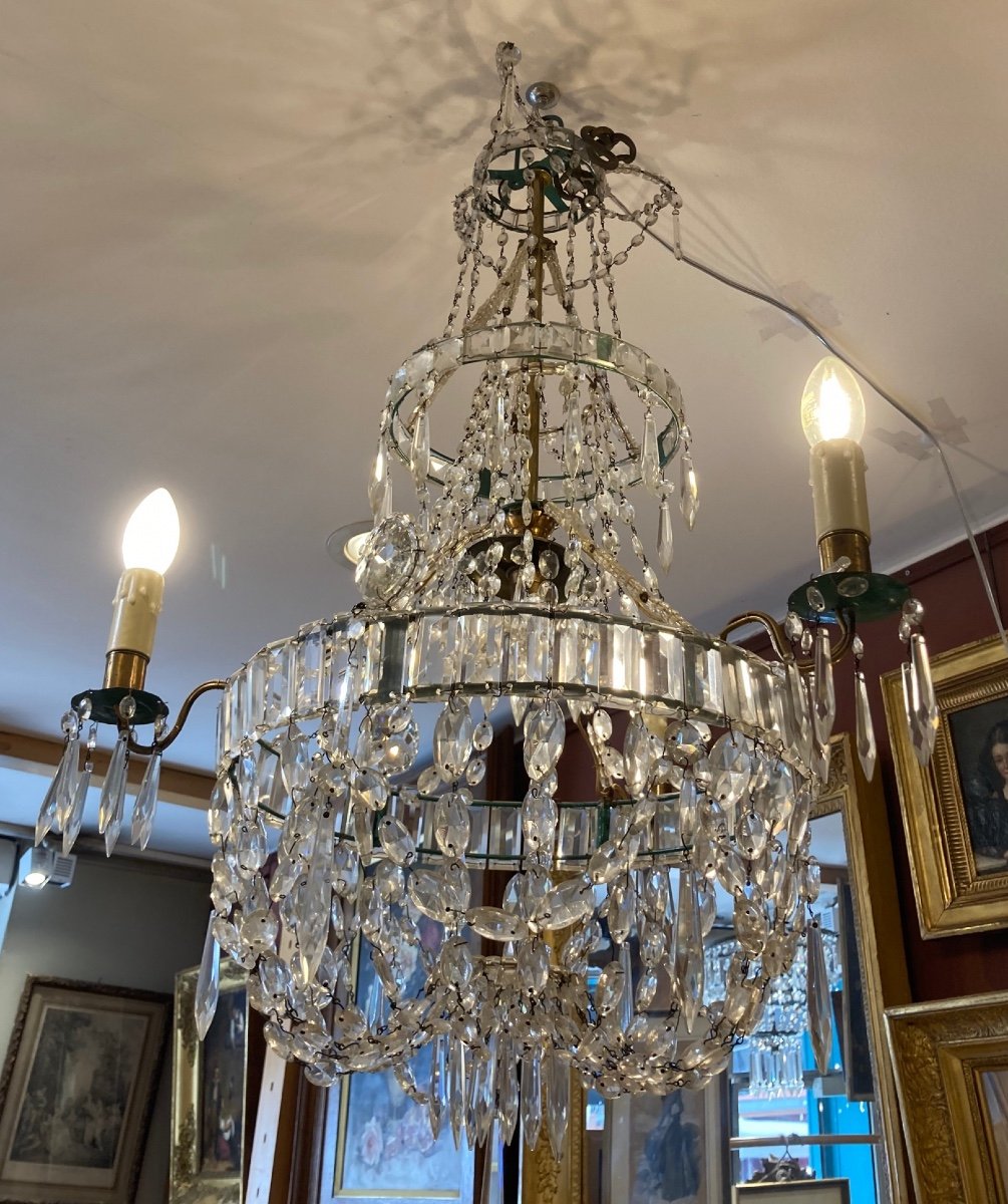 Basket Chandelier In Brass And Pampilles With Three Arms Of Light, Circa 1900-photo-2