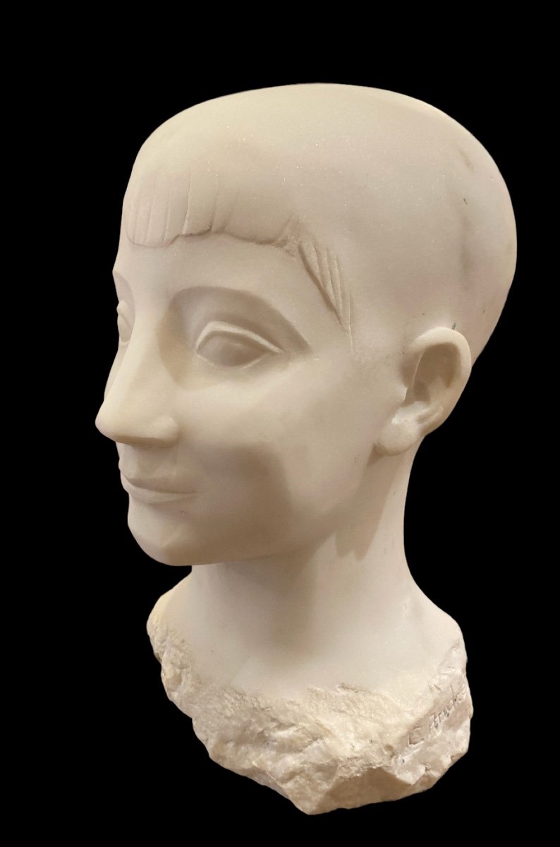 Constantin Andréou, Sculpted Head In White Marble, 20th Century