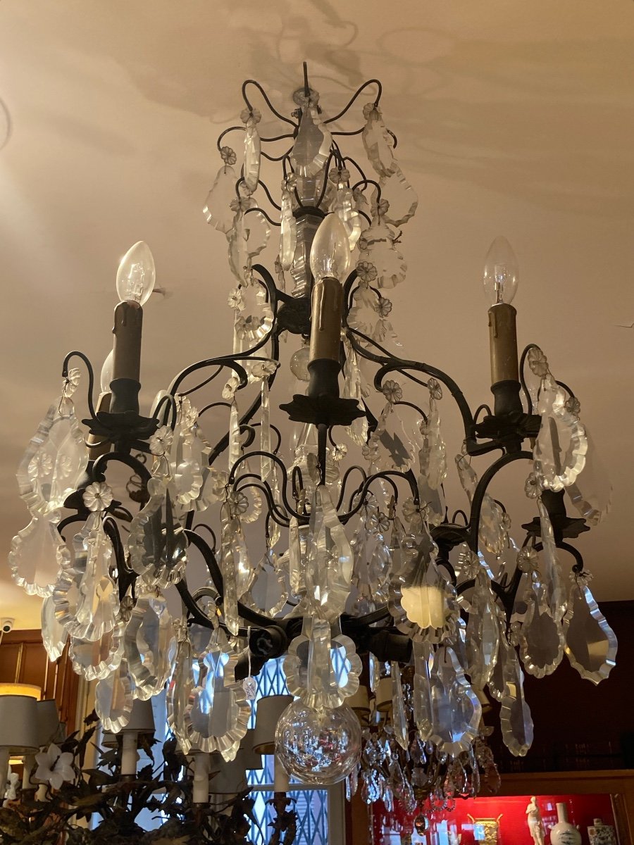 Lustre En Bronze Et Pampilles De Cristal, XIXe 