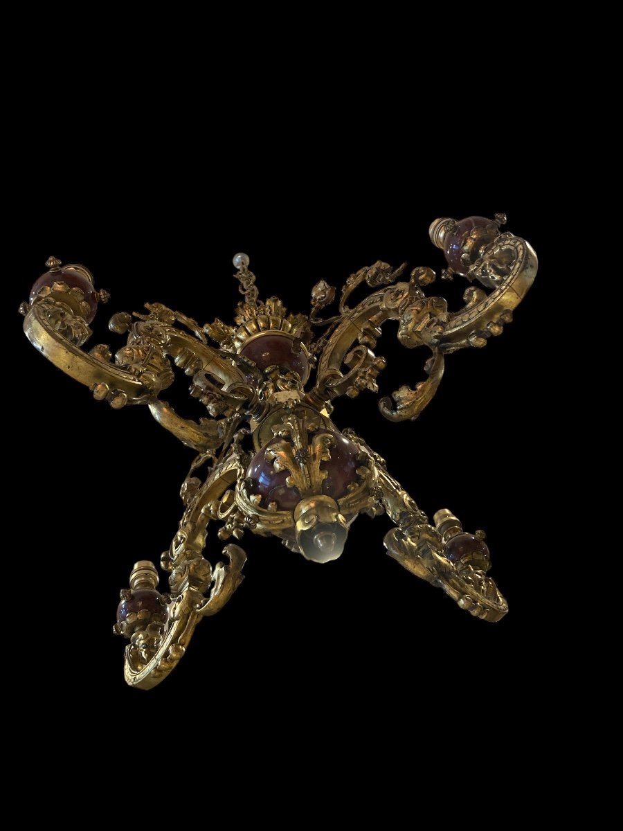 Chandelier In Gilt Bronze And Red Marble, Late 19th Century-photo-3