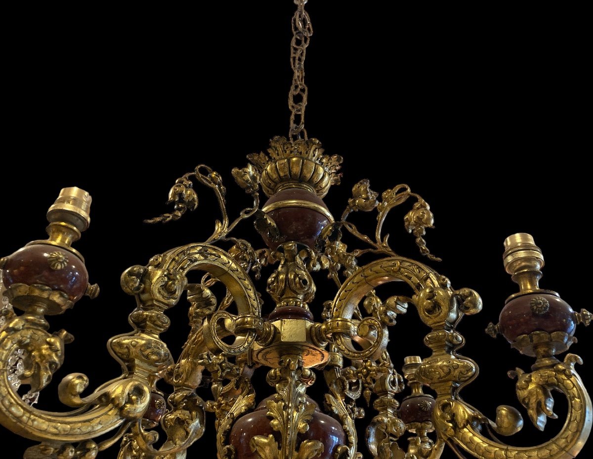 Chandelier In Gilt Bronze And Red Marble, Late 19th Century-photo-4