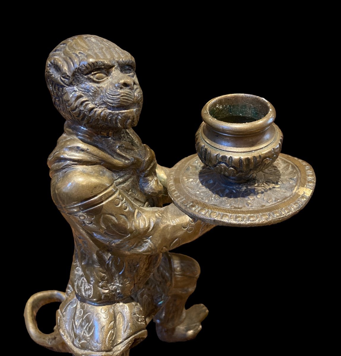 Costumed Monkey Bronze Candlestick, Late 19th Century-photo-4