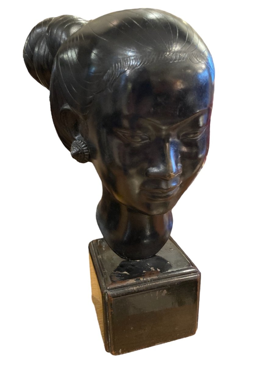 Tête De Femme En Bronze, Ecole De Bien Hoa, Vietnam, XXe Siècle