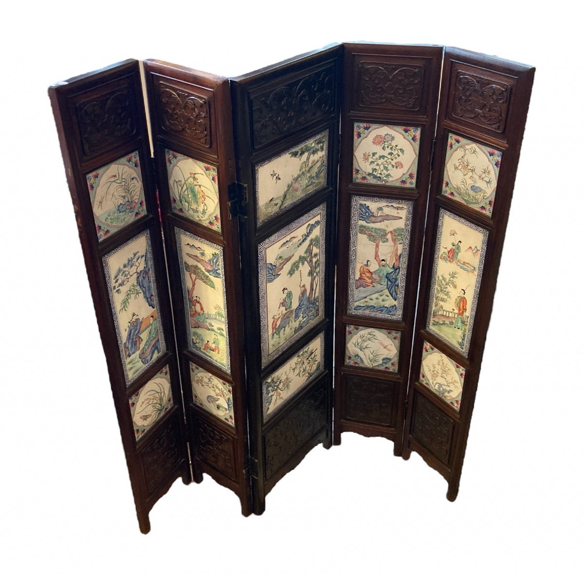 Small Five-panel Exotic Wood Screen With Enameled Plaques, China, 19th Century