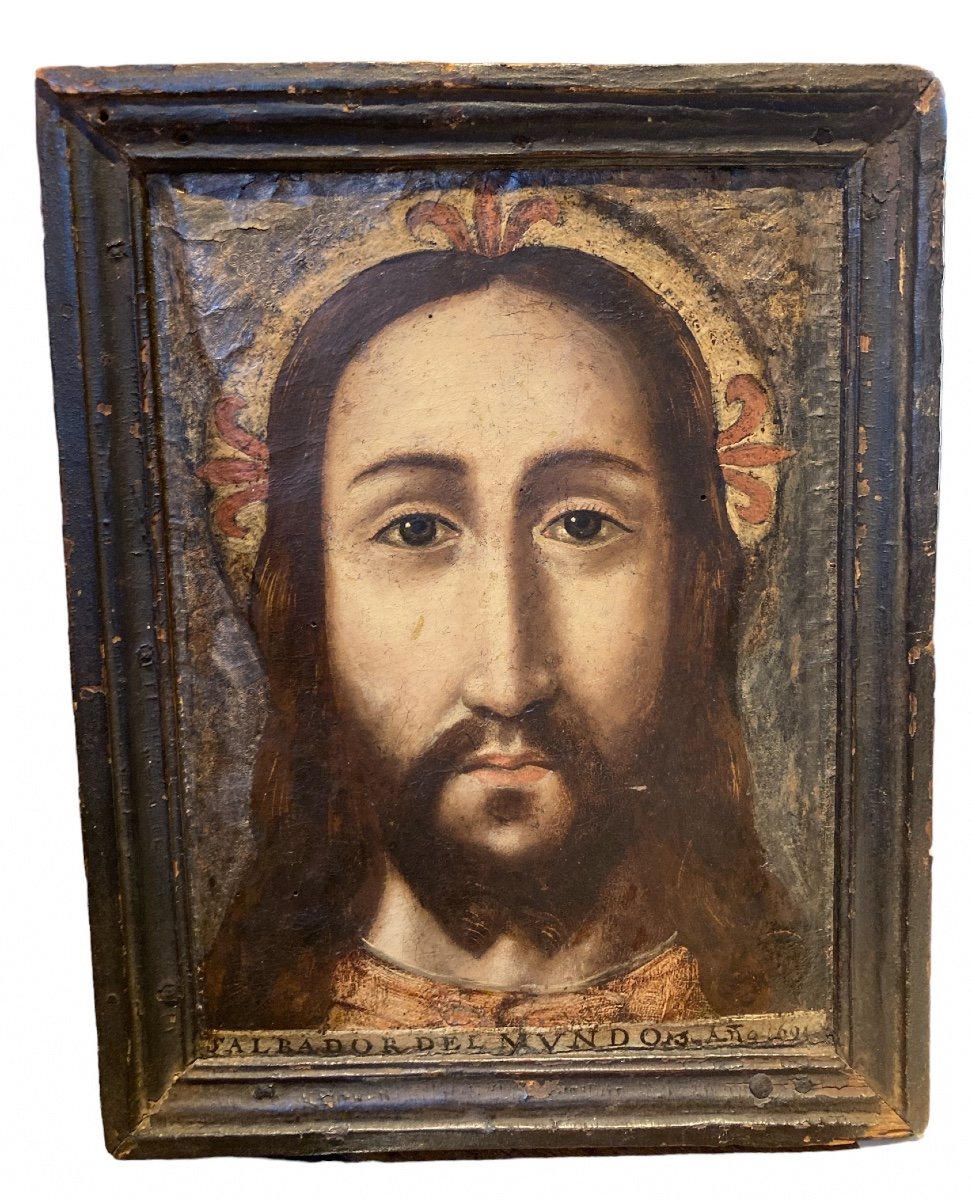 Oil On Carton, Portrait Of Christ Savior Of The World, Early 19th Century