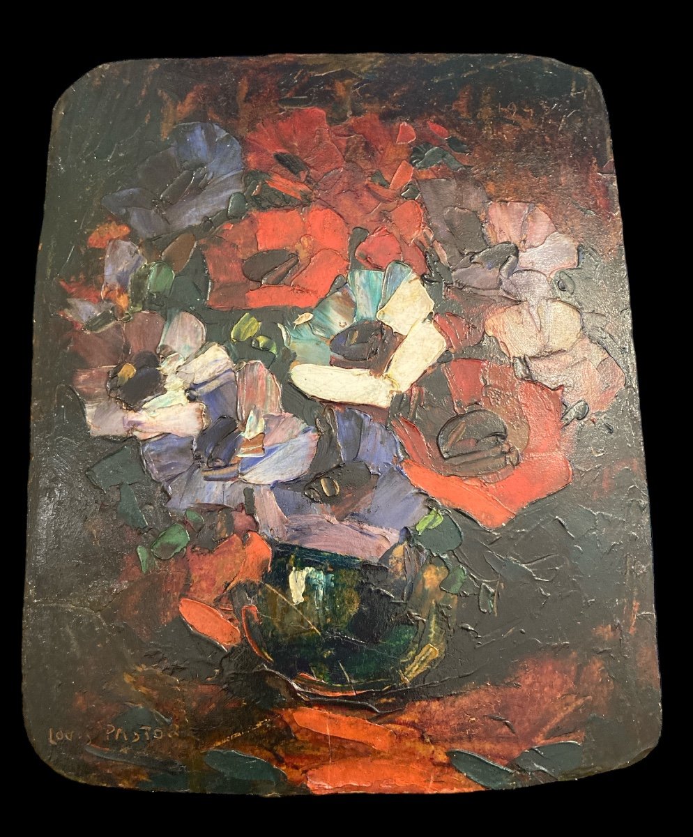 Louis Pastor, Peinture au Couteau Sur Carton, Bouquet d'Anémones, XXe