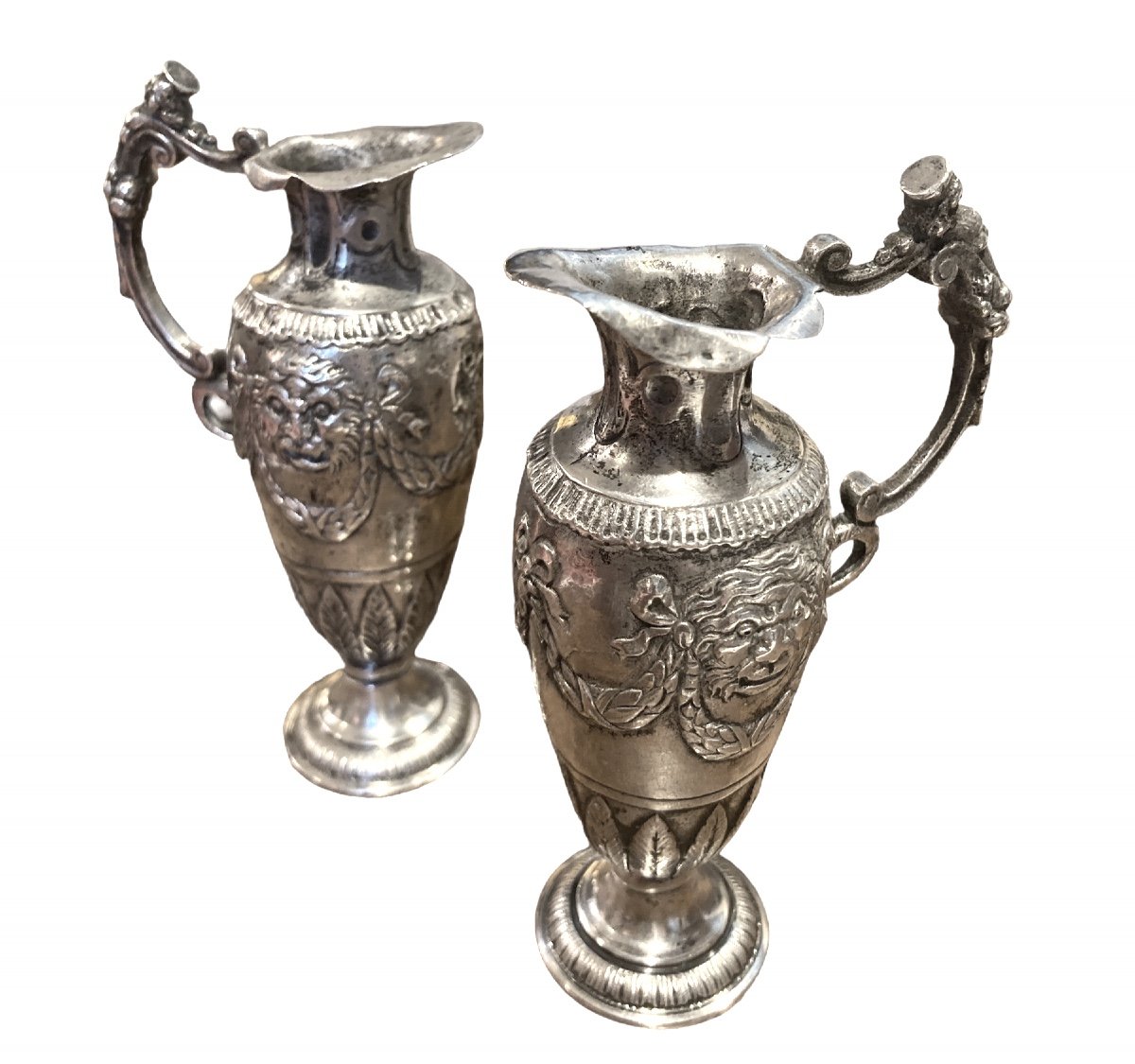 Pair Of Small Ewers In Sterling Silver, Late 19th Century