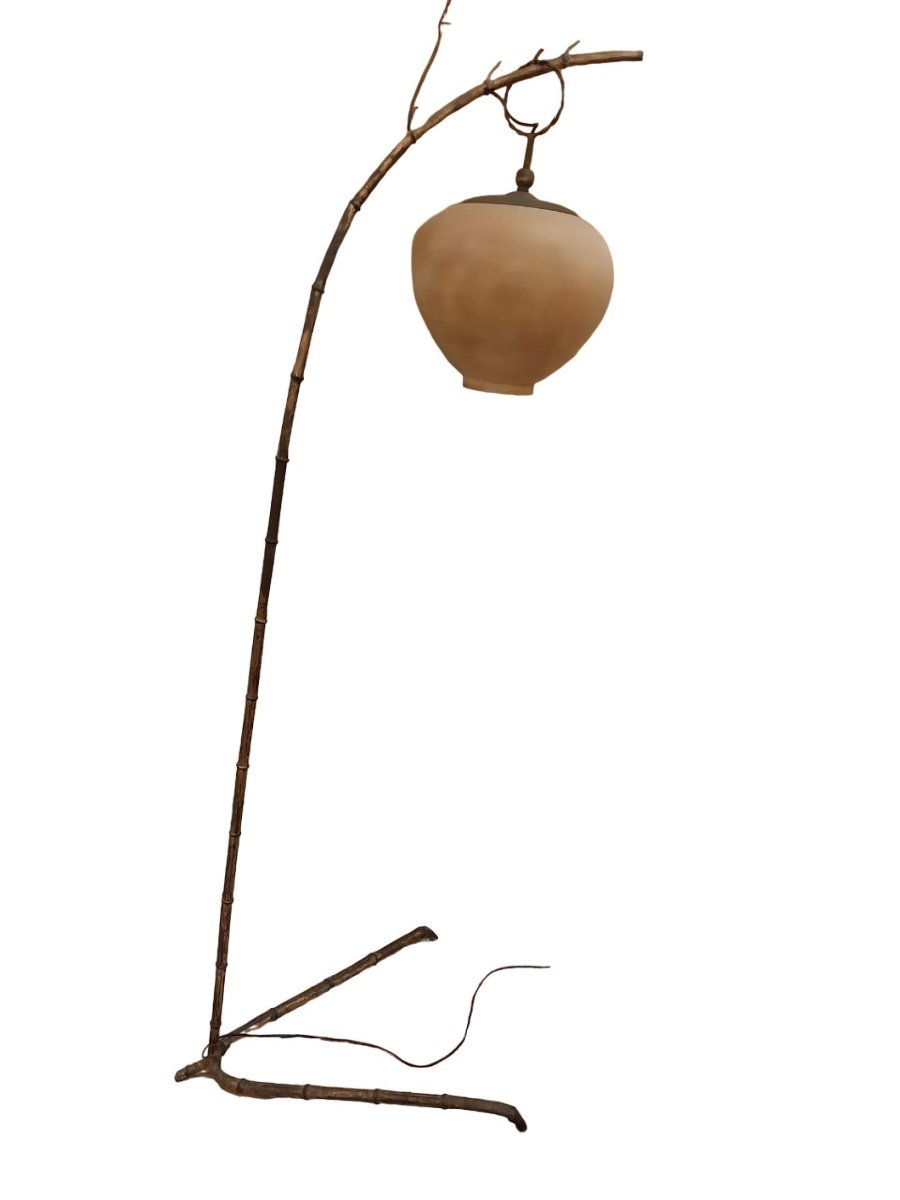 Lampadaire Bambou, Fer Doré à La Feuille D’or Et Verre, XXe