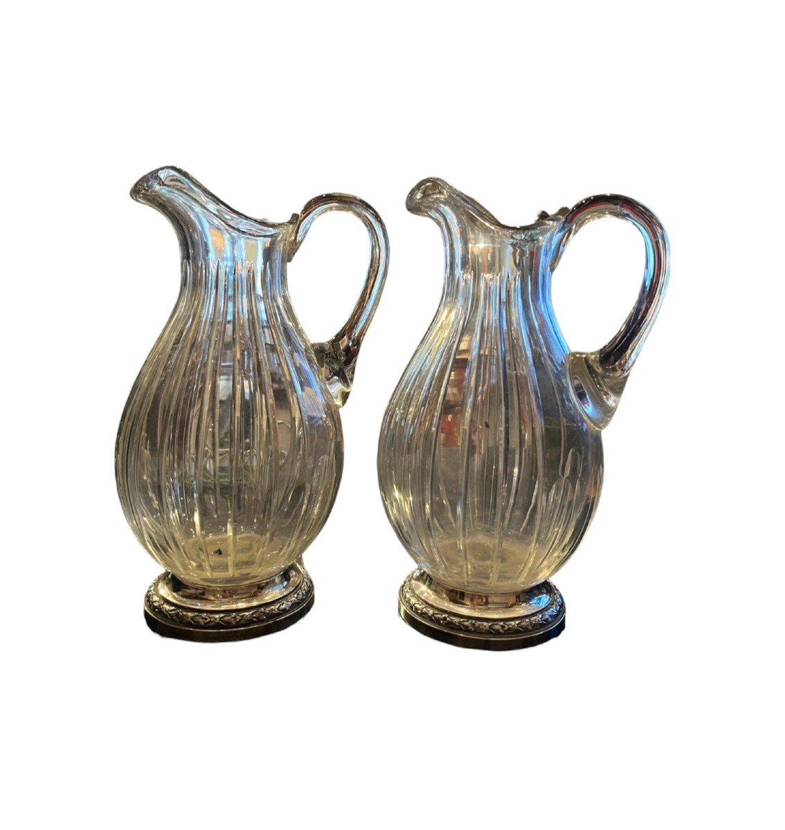 Pair Of Puiforcat Carafes, In Sterling Silver And Glass, 19th Century