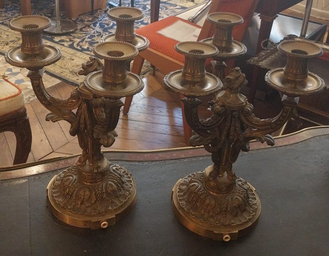 Pair Of Candelabra, Bronze, Louis XVI Style, Late 19th Century-photo-2