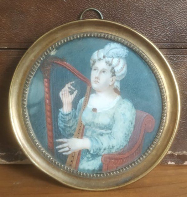 Miniature, Portrait “lady With The Harp”, Early 19th Century.