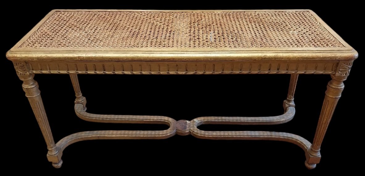 Piano Bench In Caned Gilded Wood, Late 19th And Early 20th Century.