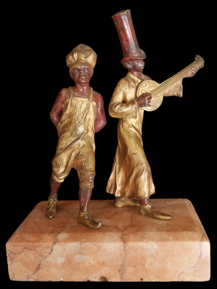 Vienna Bronze, Musicians, On Marble Base, 19th Century.