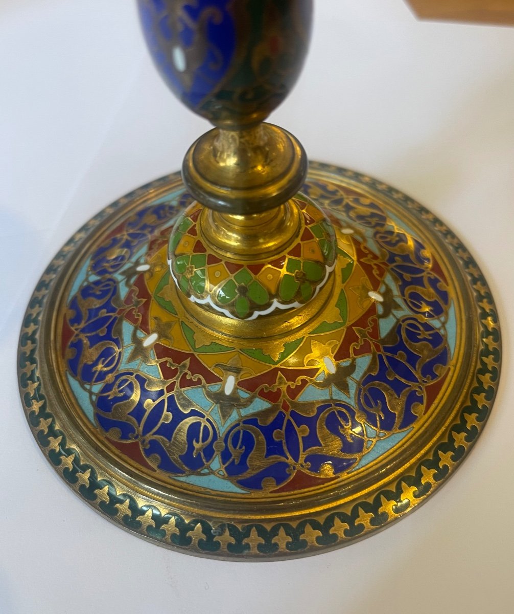 Paire De Bougeoirs En émail Cloisonné -photo-2