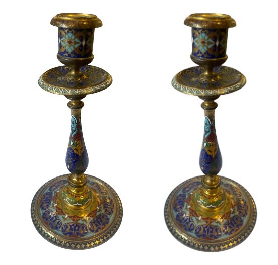 Paire De Bougeoirs En émail Cloisonné 