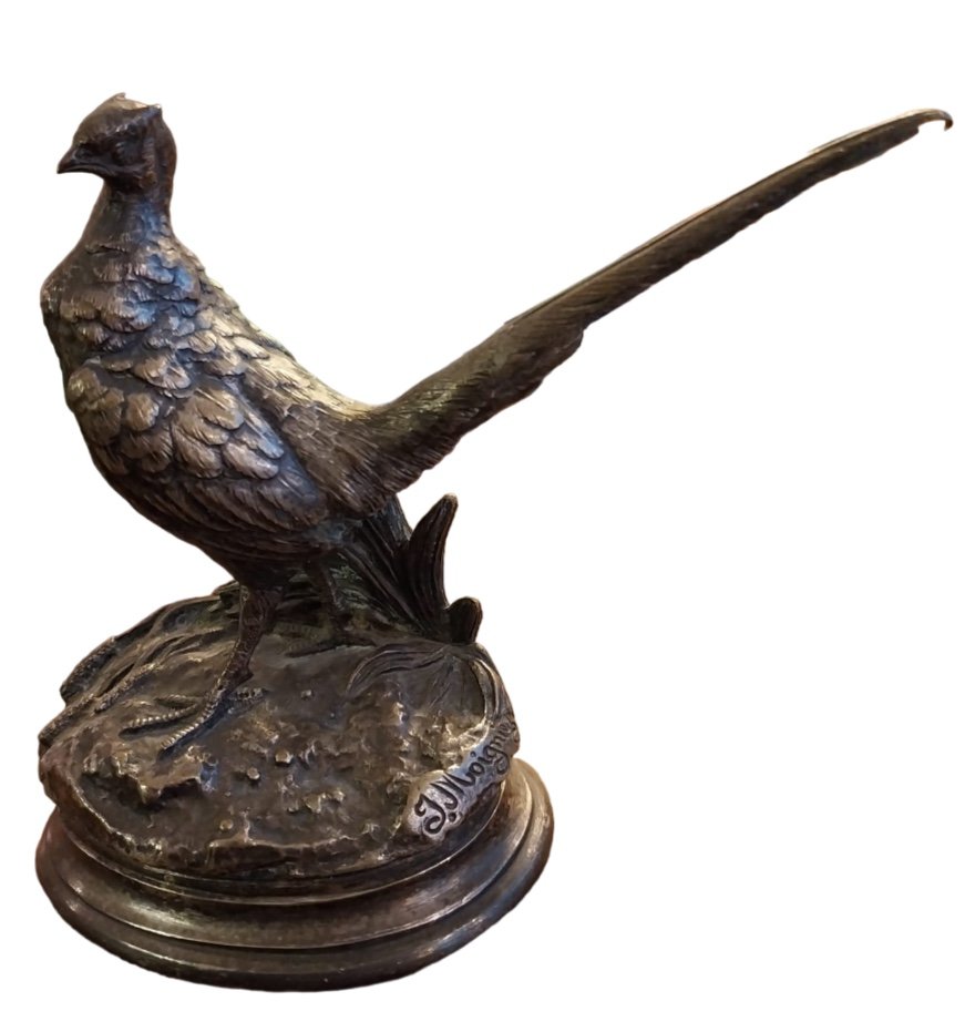 Jules Moigniez (1835-1894), Pheasant On Its Mound, Silvered Bronze, 19th Century