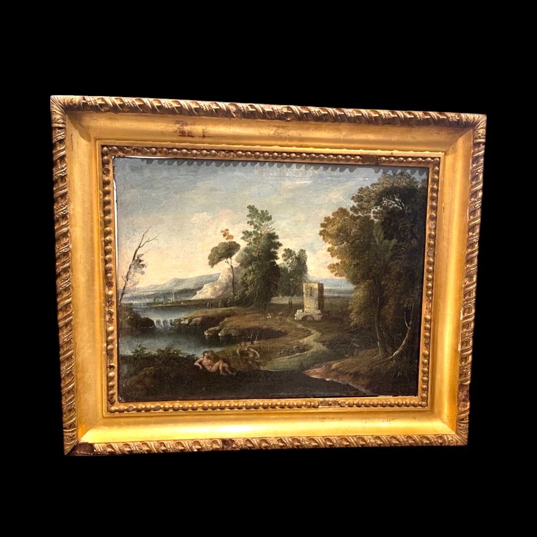 Landscape Painting Galante Scene, 17th Century 