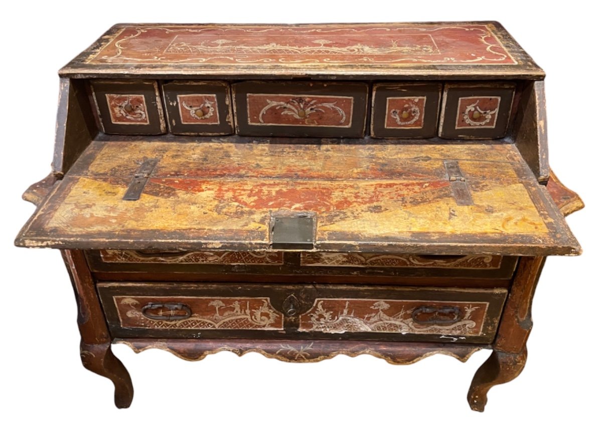 Commode-scribanne Italienne à Peinture Polychrome - XIXe Siècle-photo-4