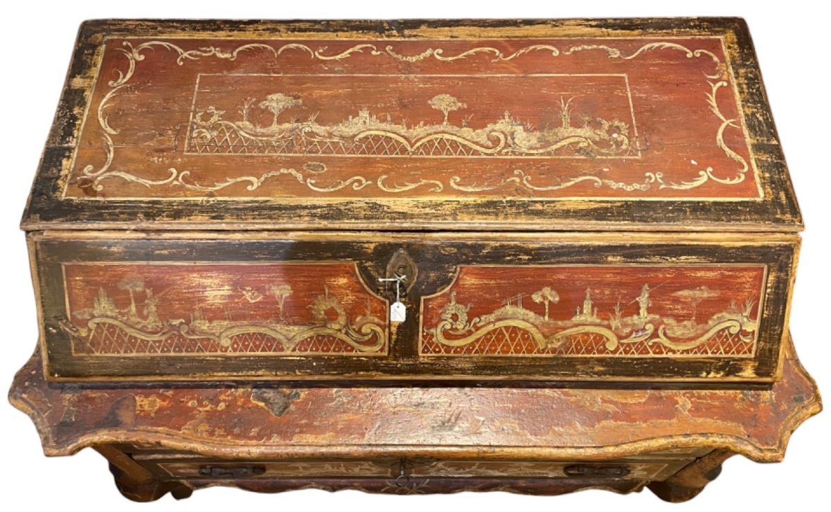 Commode-scribanne Italienne à Peinture Polychrome - XIXe Siècle-photo-2