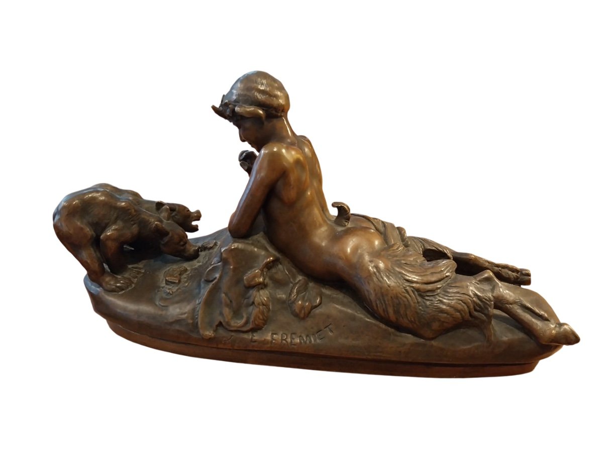 Emmanuel Frémiet (1824-1910), Bronze à Patine Brune , Pan jouant avec des oursons, XIXe-photo-2