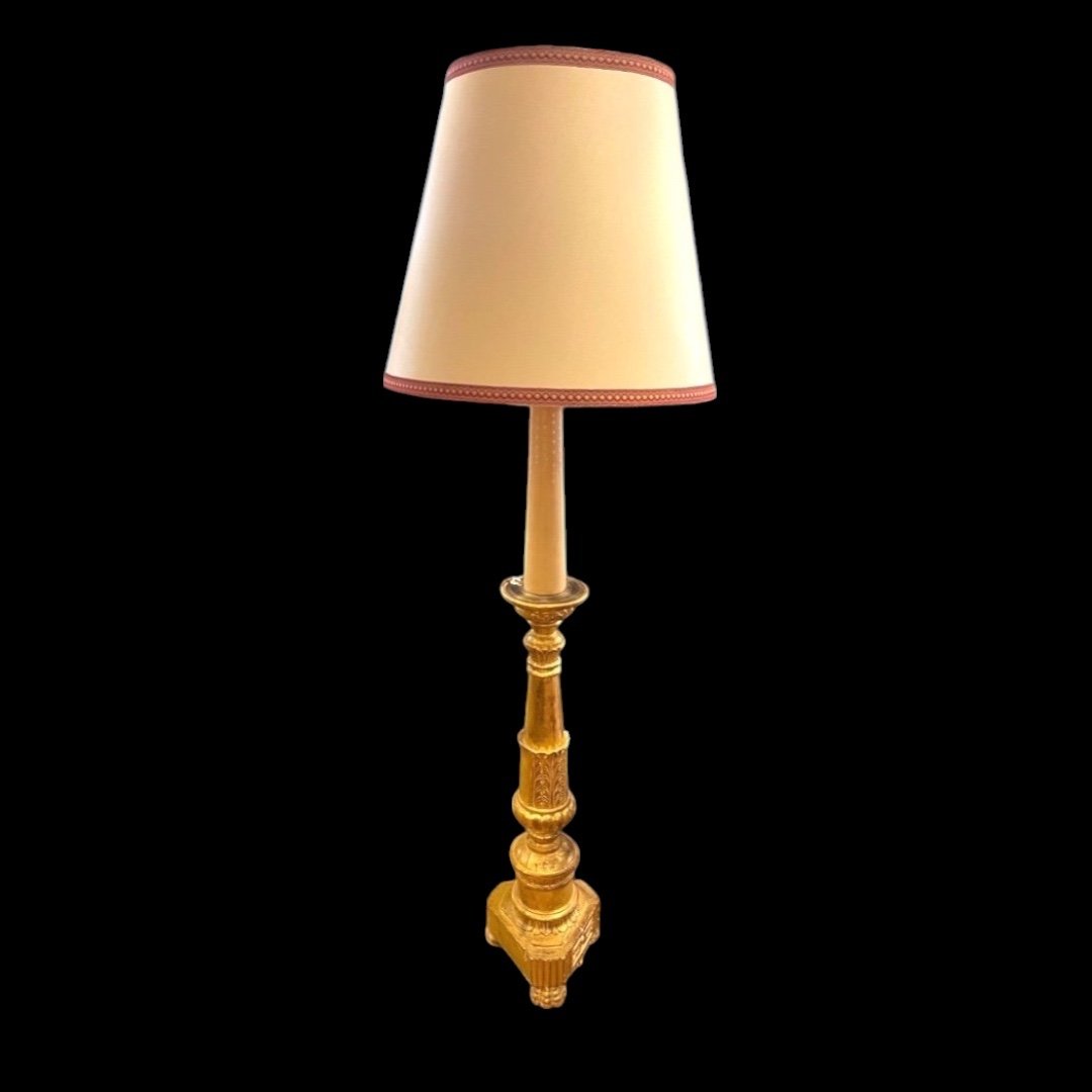 Church Candlestick In Gilded Wood Mounted As A Floor Lamp XIX 