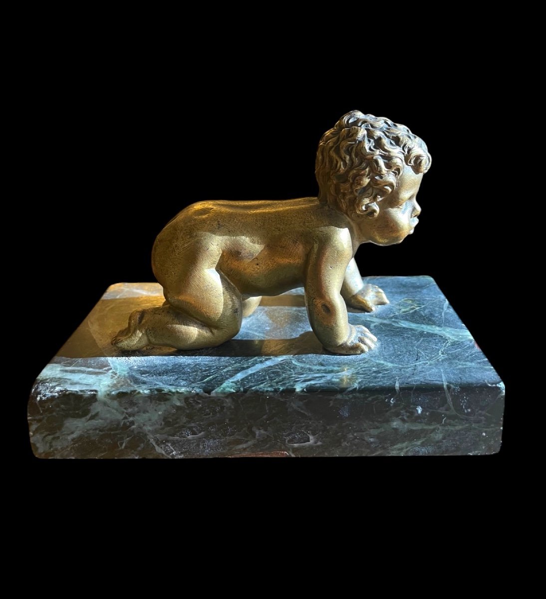 Sculpture Of A Cherub In Gilded Bronze And Green Marble -photo-3